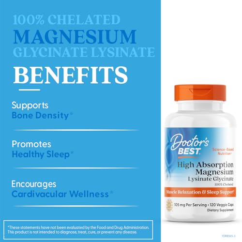 Doctor's Best High Absorption Magnesium Glycinate Lysinate Supplement for Sleep Support - Chelated Magnesium Capsules for Women & Men, 105 mg per Serving, Calm Support, Vegan - 120 Veg Caps Doctor's BEST buy supplements canada