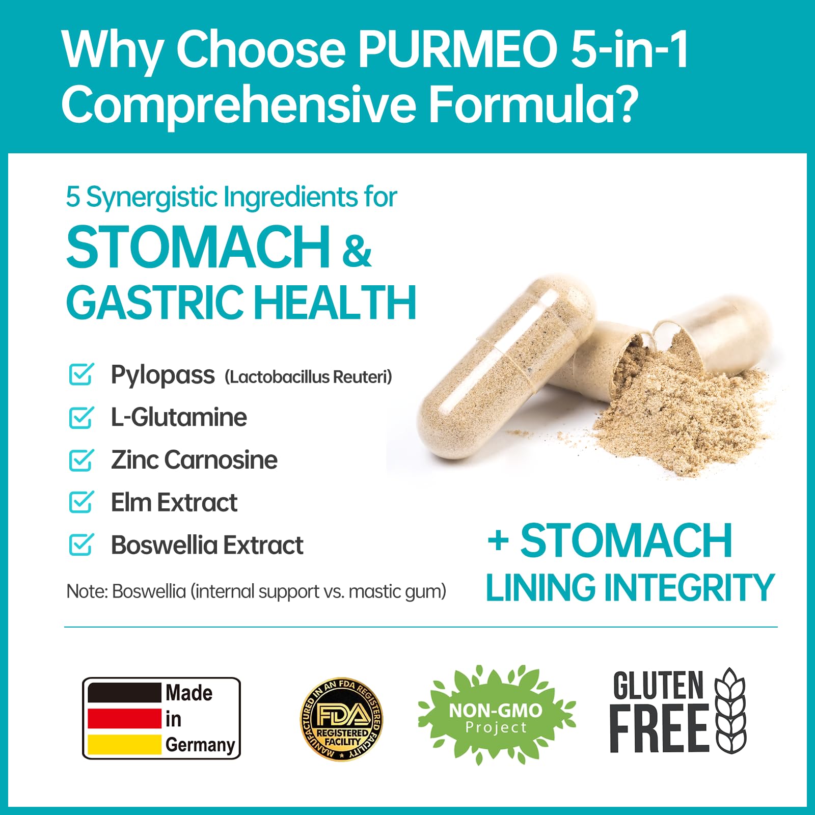 5-in-1 High Potency H. Pylori Probiotic, 1 Per Day - Supports Gastric Lining Integrity, Occasional Indigestion, Acid Comfort - Pylopass Lactobacillus Reuteri, Gluten Free, Vegan, 30ct, Made in Germany - OzHealthStandard