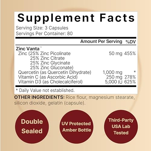 NatureBell Zinc Quercetin with Vitamin C & D3, 240 Capsules | Quercetin 1,000mg, 4 in 1 Zinc 50mg, Vitamin C 250mg, Vitamin D3 5,000 IU – ZincVanta Advanced Immune Defense & Lung Support NatureBell buy supplements canada