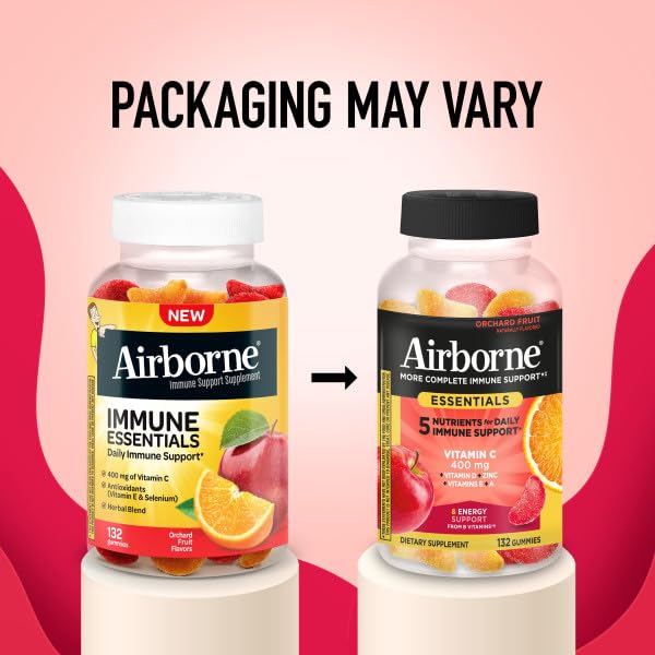 Airborne 400mg Vitamin C Gummies for Adults & Children, Immune Essentials Daily Immune Support Supplement with Vitamins C & E - Orchard Fruit Flavor, 132 Gummies (Pack of 2) Airborne buy supplements canada