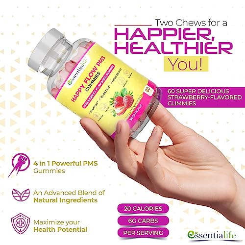 Happy Flow Strawberry-Flavor Chewable PMS Gummies | Hormone Balance Chasteberry Essentialife buy supplements canada