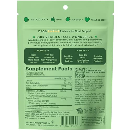 Plant People WonderGreens Veggie Gummies Super Greens with Probiotics Multivitamin Support Gummy for Wellbeing, Energy, Immune and Gut Health, Green Apple Flavor (60 Count) Plant People buy supplements canada