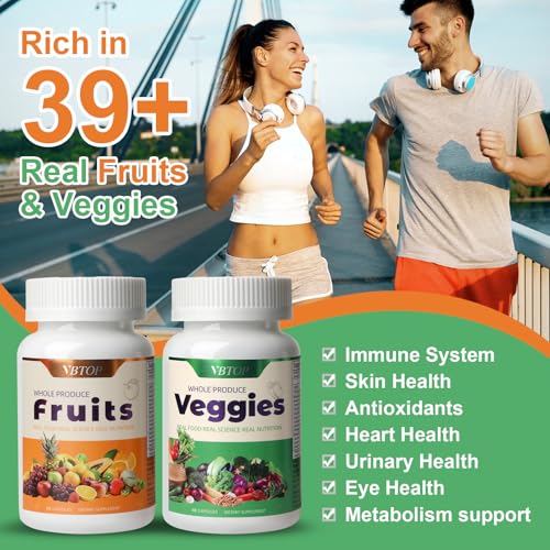 VBTOP Fruit & Vegetable Supplement - Natural Ingredients - 2 Bottles - 180 Capsules Total | A Blend of 20+19 Natural Whole Fruits & Vegetables, a Fresh superfood Formula Rich in Vitamins and Minerals VBTOP buy supplements canada