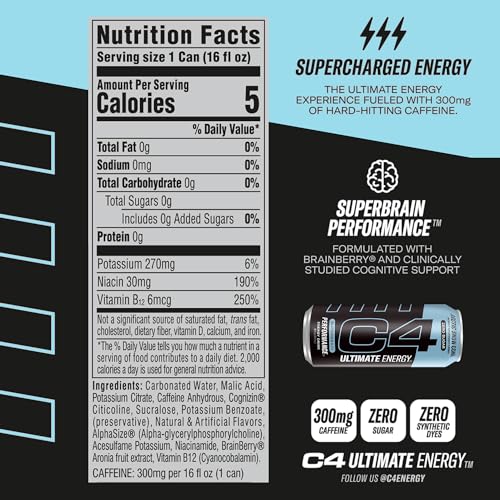 C4 Ultimate Sugar Free Energy Drink 16oz (Pack of 12) | Arctic Snow Cone | Pre Workout Cellucor buy supplements canada