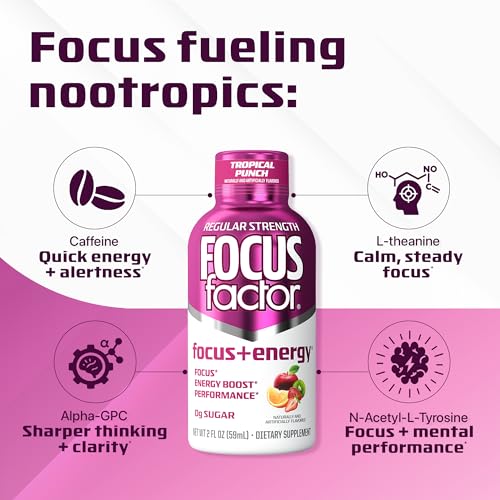 Focus Factor Focus + Energy Shots - 12 x 2oz Bottles (Tropical Punch Flavor) - Powered by Nootropics with Caffeine, L-Theanine, Ginkgo, Bacopa, L-Tyrosine, Alpha GPC Focus Factor buy supplements canada