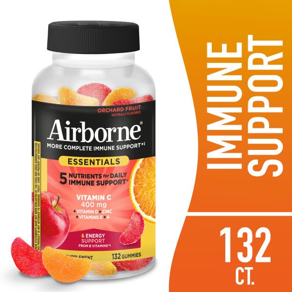 Airborne 400mg Vitamin C Gummies for Adults & Children, Immune Essentials Daily Immune Support Supplement with Vitamins C & E - Orchard Fruit Flavor, 132 Gummies (Pack of 2) Airborne buy supplements canada