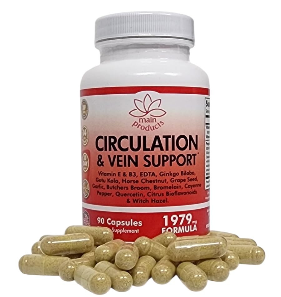 Circulation & Vein Support Supplement - Vitamins E & B3, Ginkgo Biloba, Horse Chestnut, Gotu Kola, Grape Seed, Butcher's Broom & Citrus Bioflavonoids - 1979 mg Formula - 90 Capsules - 30 Days Supply. Main Products buy supplements canada