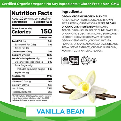 Orgain Organic Vegan Protein Powder, Vanilla Bean - 21g Plant Based Protein, Gluten Free Orgain buy supplements canada