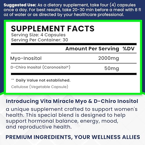 Inositol Supplement Myo-Inositol & D-Chiro Inositol 120 Capsules 2000mg 40:1 Ratio High Vita Miracle buy supplements canada