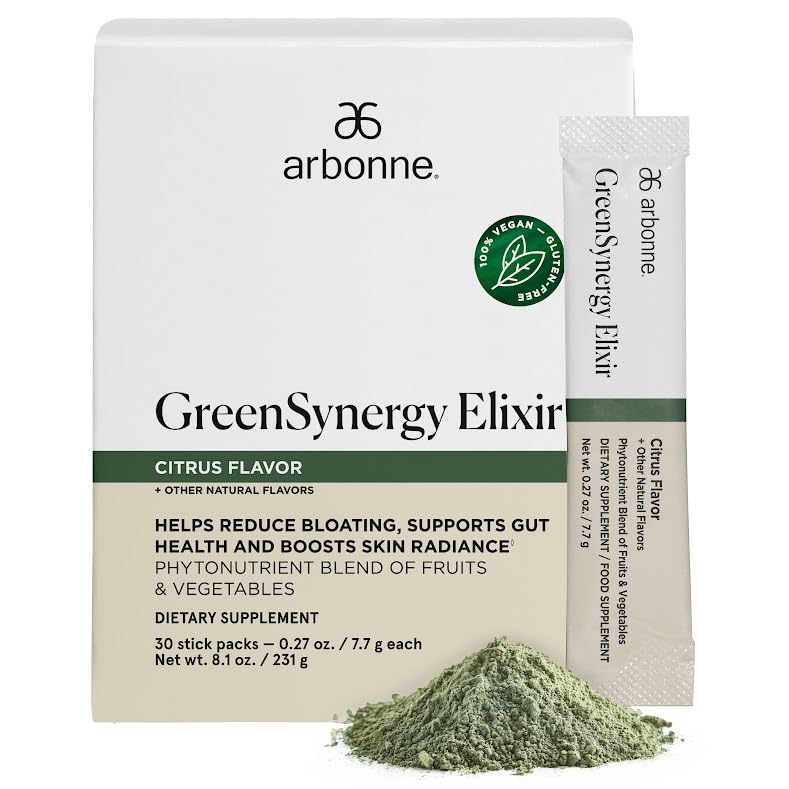 Arbonne GreenSynergy Elixir – Citrus-Flavored Greens Powder with 13 Digestive Enzymes, Vegan Collagen Builder, Probiotics, and Prebiotics – Supports Gut Health and Digestion – 30 Stick Packs Arbonne buy supplements canada
