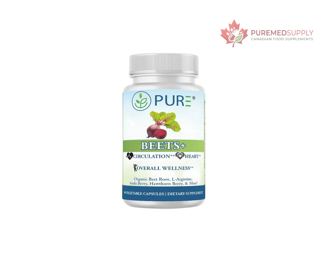 PURE® Beets+ Organic Beet Root Capsules - 900mg - 90 Count, 30 Servings - Blood Pressure & Circulation Support Supplement - with L-Arginine, Hawthorn Berry & B12 - Cardiovascular Health - Made in USA PURE buy supplements canada