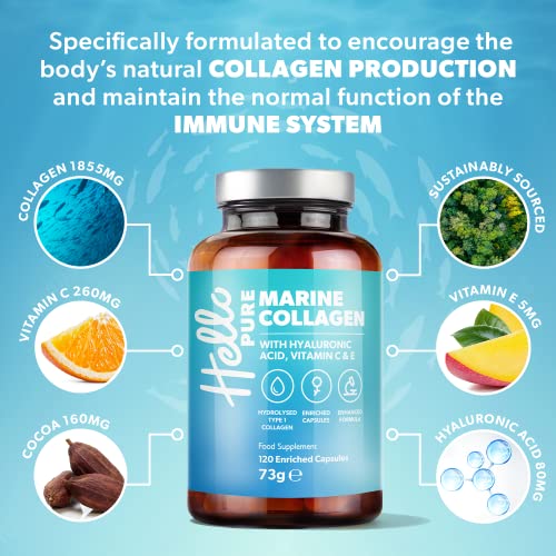 Marine Collagen Capsules - 1855mg - 120 Capsules - Enriched with Hyaluronic Acid & Vitamins C & E Hello Pure buy supplements canada