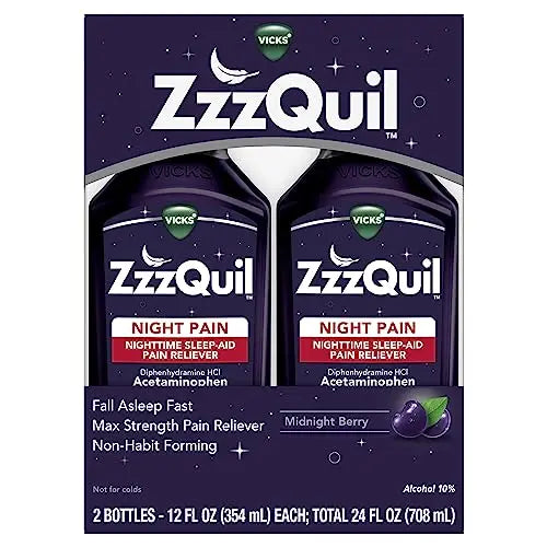 ZzzQuil Liquid, Max Strength Pain Reliever, Nighttime Sleep Aid Liquid, Acetaminophen 1000mg, Diphenhydramine 50mg HCI, Non-Habit Forming, Midnight Berry Flavored, 2 Pack, 24 FL OZ ZzzQuil buy supplements canada