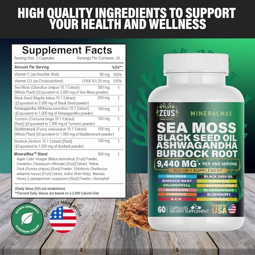 Sea Moss Capsules with Black Seed Oil, Burdock Root, Bladderwrack, Turmeric, Ashwagan Zeus Naturals buy supplements canada