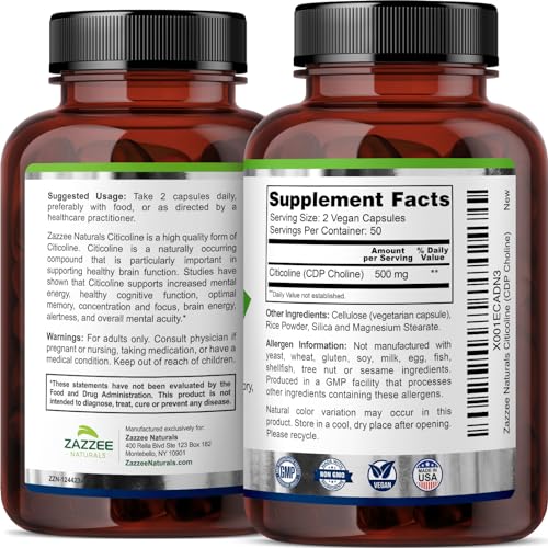 Zazzee Extra Strength Citicoline CDP Choline, 500 mg per Serving, 100 Vegan Capsules Zazzee buy supplements canada