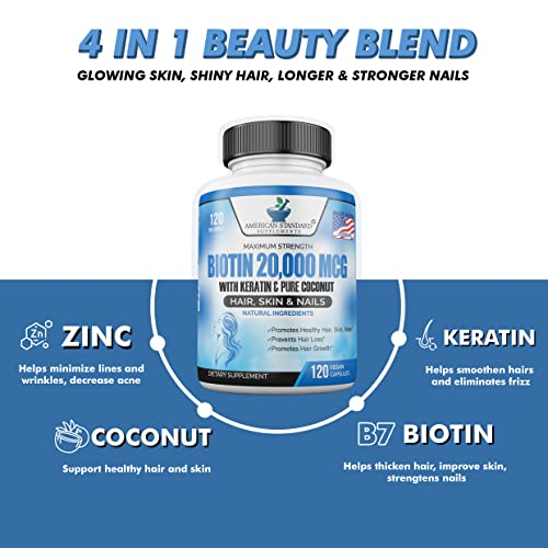 Biotin 20,000mcg with Keratin, Organic Coconut and Zinc, Hair Growth Supplements, Biotin American Standard Supplements buy supplements canada
