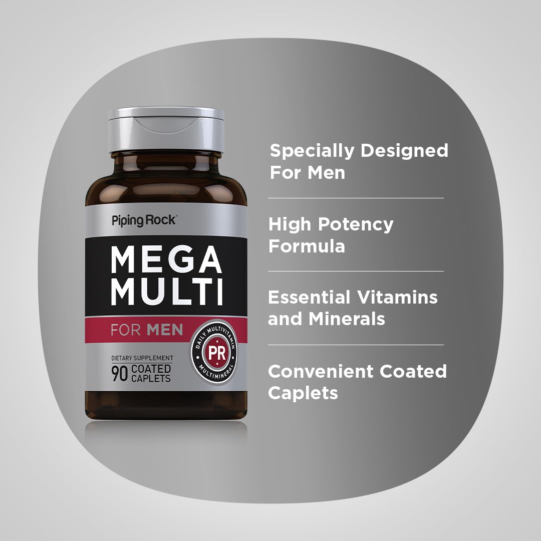 Piping Rock Men's Multivitamin | 90 Caplets | Mega Vitamin and Mineral Complex | Daily Support Supplement | with Vitamin C, D, Magnesium, Zinc | Non-GMO, Gluten Free Piping Rock buy supplements canada