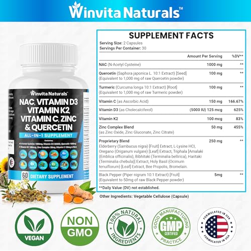 NAC Supplement N-Acetyl Cysteine 1000mg Vitamin C Vitamin D3 K2, Zinc, Turmeric Curcumin Winvita Naturals buy supplements canada