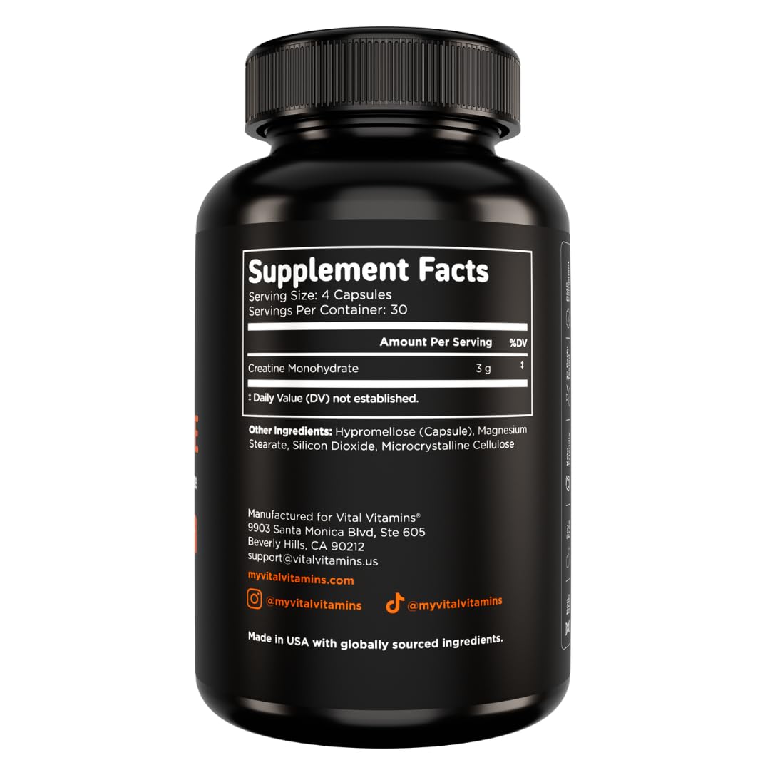 Vital Vitamins Creatine Monohydrate Pills for Women & Men - Micronized Creatine Capsules - Cognitive, Strength, Recovery Support - 3g (3000mg) per Serving - Vegan, Non-GMO, 120 Count Vital Vitamins buy supplements canada
