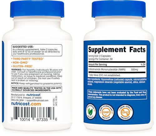 Nutricost NMN (Nicotinamide Mononucleotide) 500mg, 60 Capsules - Vegetarian Friendly, 30 Servings, Gluten Free, GMO Free Nutricost buy supplements canada