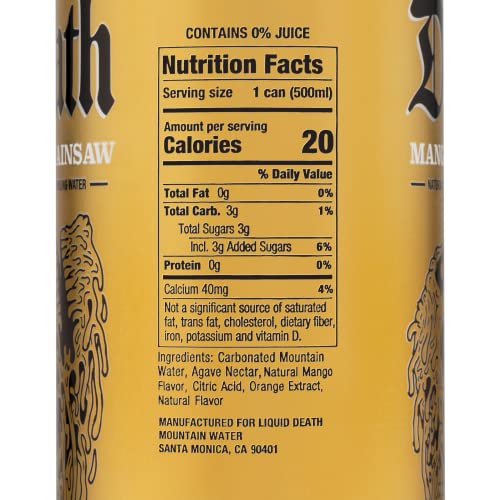 Liquid Death Flavored Sparkling Water with Agave, Mango Chainsaw, 16.9 oz Tallboys Liquid Death buy supplements canada
