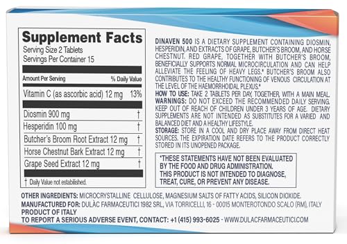 Dulac Dinaven 500, Micronized Diosmin Hesperidin Dietary Supplement 1000mg per serving, Horse Chestnut Extract, Butcher’s Broom & Red Grape Extract, Leg Circulation Support, 30 Tablets, Made in Italy DULÀC FARMACEUTICI 1982 buy supplements canada