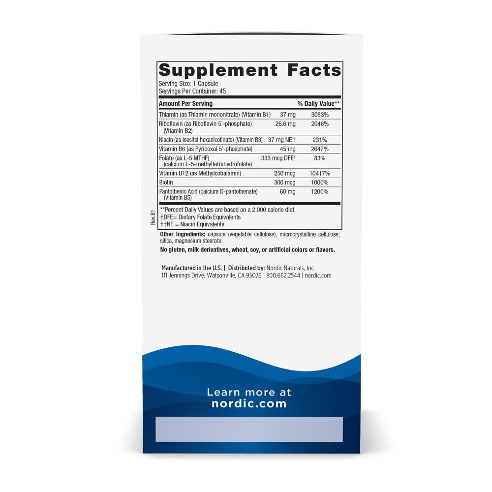 Nordic Naturals Vitamin B Complex - 45 Capsules Thiamine, Riboflavin, Niacin, B6 & B12, Folate, Biotin, Pantothenic Acid Heart Brain Health, Energy, Metabolism Non-GMO Servings Nordic Naturals buy supplements canada