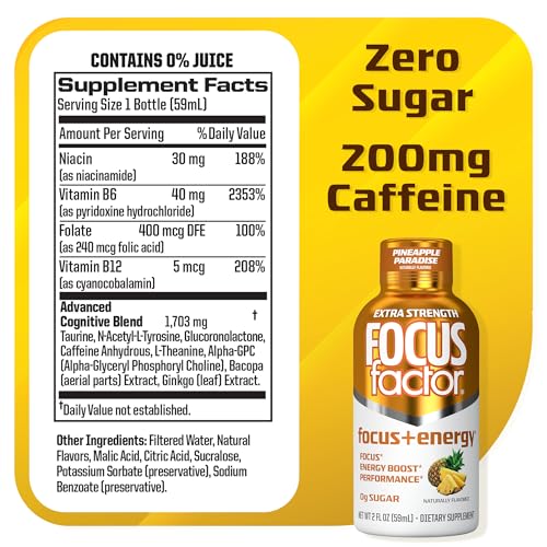 Focus Factor Extra Strength Focus + Energy Shots - 12 x 2oz Bottles (Pineapple Paradise Flavor) - Powered by Nootropics with Caffeine, L-Theanine, Ginkgo, Bacopa, L-Tyrosine, Alpha GPC Focus Factor buy supplements canada