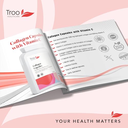 Troo Marine Collagen Supplement - 60 High Strength Capsules 1200mg Serving - Hydrolysed Marine Collagen Peptides with Vitamin C Troo Health Care buy supplements canada