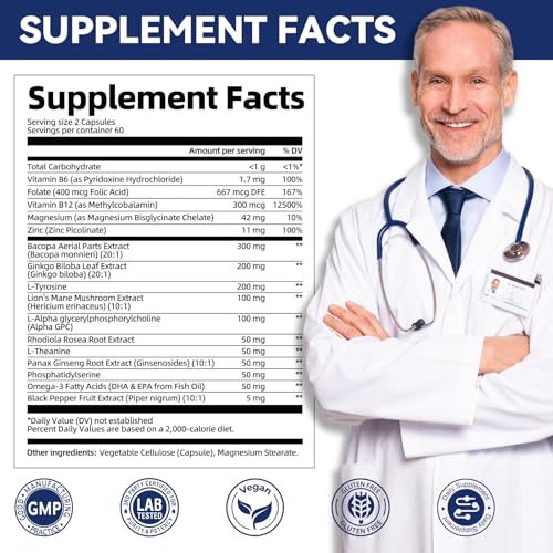 Brain Supplements for Memory and Focus | Nootropic with Bacopa Monnieri, Lion's Mane, Alpha GPC, Ginkgo Biloba | Mental Clarity & Cognitive Support | Vitamin B6 & B12 Neuro Health - Non-GMO, 120 Caps Migcopat buy supplements canada