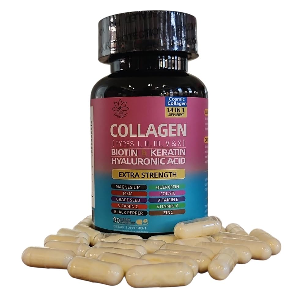 Collagen Peptides Types I, II, III, V & X, 64000 MCG, 14 in 1, Biotin, Keratin, Hyaluronic Acid, Magnesium, MSM, Grape Seed, Vitamin A C & E, Black Pepper, Quercetin, Folate, Zinc (90 Veggie Caps) Main Products buy supplements canada