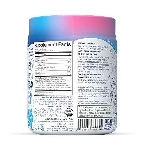 KOS USDA Organic Energizing Blue Spirulina Blend - 70 mg Organic Caffeine, B-Complex KOS buy supplements canada