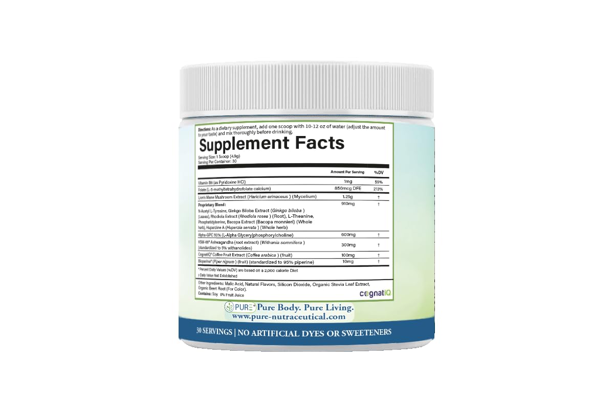 PURE® Healthy Brain Nootropic Powder - 30 Servings - 1.25g Lion’s Mane, 600mg Alpha-GPC & KSM-66® Ashwagandha - Cognitive Support for Memory, Focus & Stress Relief - 147 Grams, Strawberry Flavor! PURE buy supplements canada