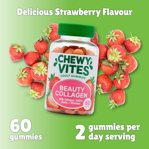 Chewy Vites Beauty Collagen 60 Gummy Vitamins |Hydrolised Collagen, CoQ10, Biotin + Vitamins | 1 Month Supply | Real Fruit Juice | Berry Flavour | 2-a-Day | CHEWY VITES buy supplements canada