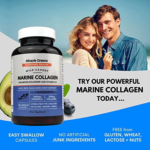 Marine Collagen 1400mg | 120 Capsules with Biotin, Hyaluronic Acid, Vitamin C, E, B2, Zinc, Copper & Iodine Miracle Greens buy supplements canada