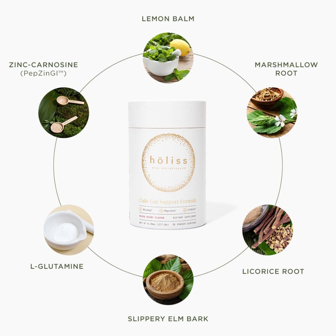 HOLISS Daily Gut Health Kit – 6-in-1 All Natural Supplement, Bloat & Gas Aid, GI Lining Repair, IBS Support – Lemon Balm, L-Glutamine, PepZinGI, Mixed Berry, 30 Servings, Electric Mixer & Spoon HOLISS buy supplements canada