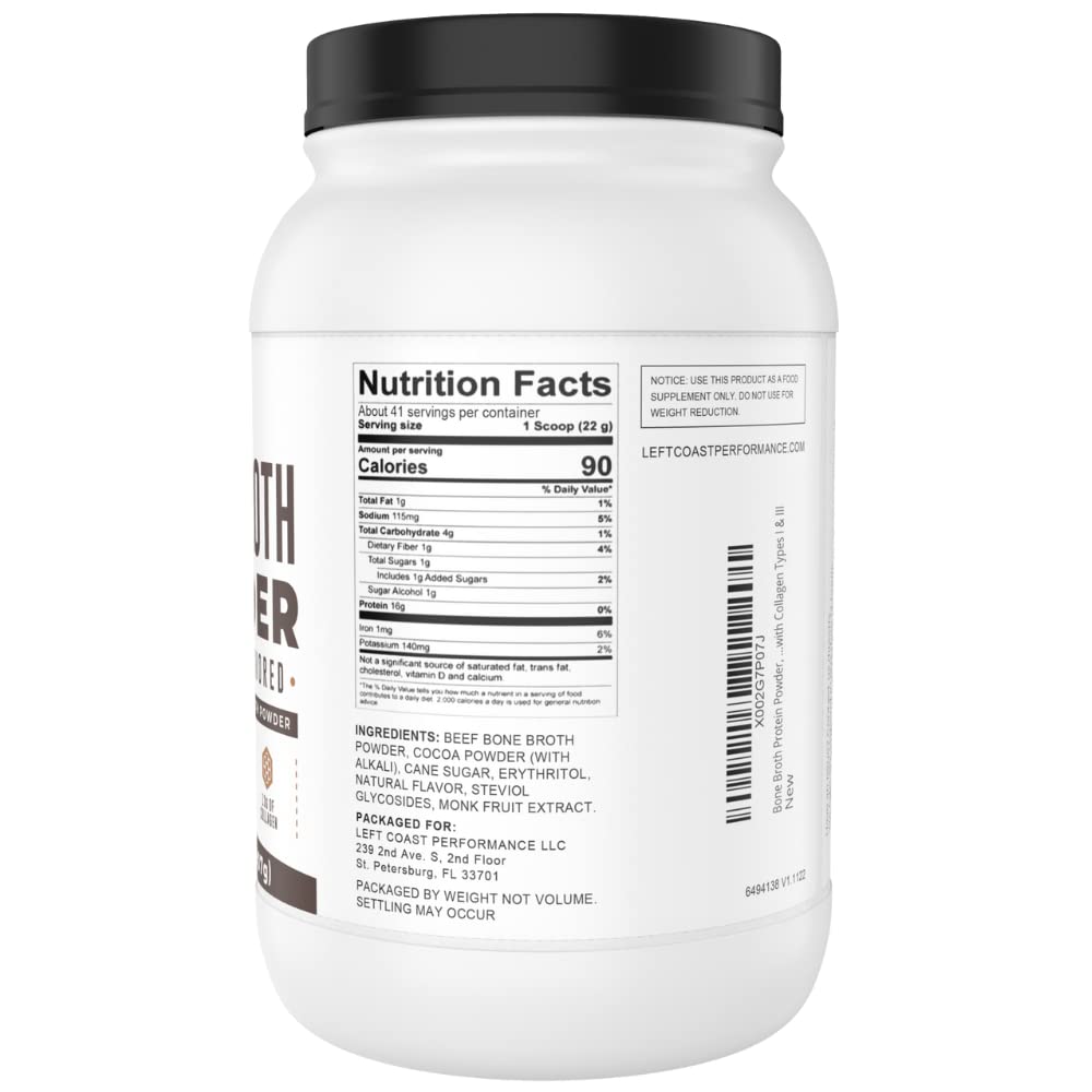 Chocolate Bone Broth Protein Powder - 100% Grass Fed Beef Bone Broth with 16g Protein & 13g Collagen per Serving - Great for Shakes & Hot Chocolate - Keto Friendly Low Carb Left Coast Performance buy supplements canada