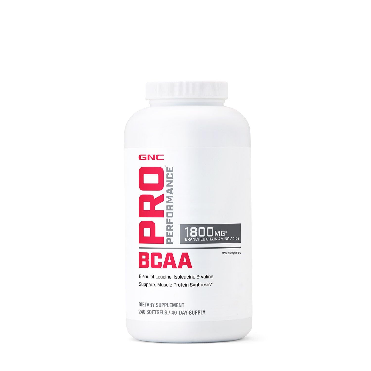 GNC Pro Performance BCAA 1.8g, 3rd Party Tested Supplement for Men & Women, Branched Chain Amino Acids, Essential Amino Acids Supports Muscle Protein Synthesis, 240 Softgels, 40 SVG GNC buy supplements canada
