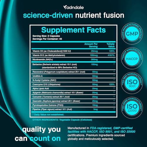 Adndale NAD Supplement. Longevity Formula with Liposomal NAD+, Trans Resveratrol, Urolithin-A, Berberine, CoQ10. NMN Supplement Alternative. 90 Count Adndale buy supplements canada