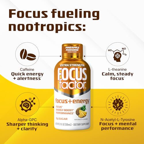 Focus Factor Extra Strength Focus + Energy Shots - 12 x 2oz Bottles (Pineapple Paradise Flavor) - Powered by Nootropics with Caffeine, L-Theanine, Ginkgo, Bacopa, L-Tyrosine, Alpha GPC Focus Factor buy supplements canada