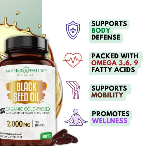 Organic Black Seed Oil Capsules - 3 Month Supply - 180 Count (2000mg Per Serving) Mother Nature Organics Superfoods for Organic Living buy supplements canada