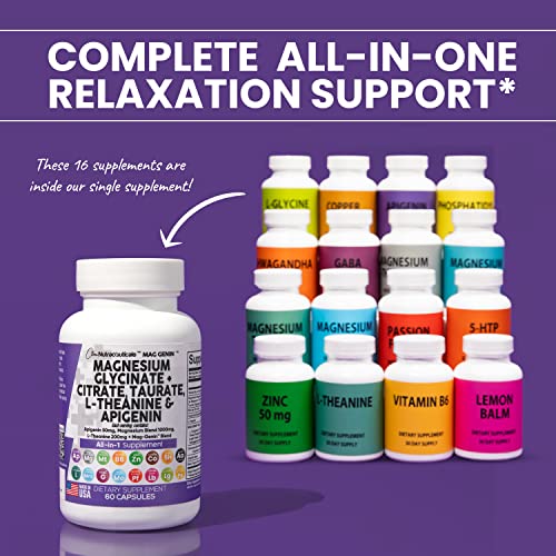 Magnesium Glycinate Complex 1000mg with L-Theanine 200mg Apigenin 50mg Citrate Taurate Supplement - 5-HTP GABA Passion Flower Lemon Balm L-Glycine Phosphatidylserine Ashwagandha - USA Made Clean Nutra Clean Nutraceuticals buy supplements canada