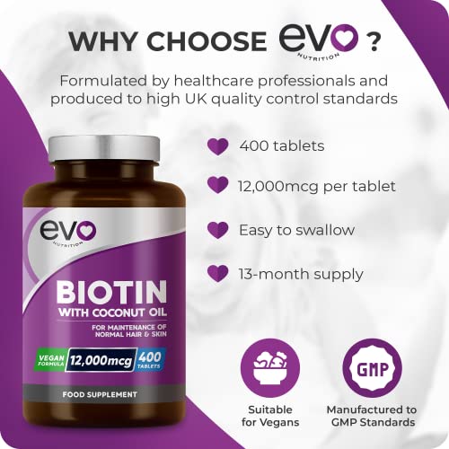 Biotin Hair Growth Supplement 12,000mcg with Coconut Oil | 400 High Strength Tablets EVO NUTRITION buy supplements canada