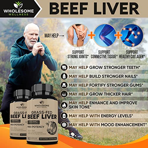 Grass Fed Desiccated Beef Liver Capsules (180 Pills, 750mg Each) - Natural Iron, Vitamin A Wholesome Wellness buy supplements canada