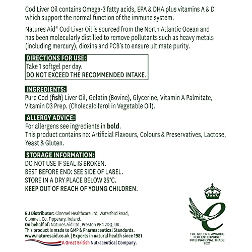 Natures Aid Cod Liver Oil, 1000 mg, 180 Softgel Capsules (High Strength, 254 mg Omega natures aid buy supplements canada