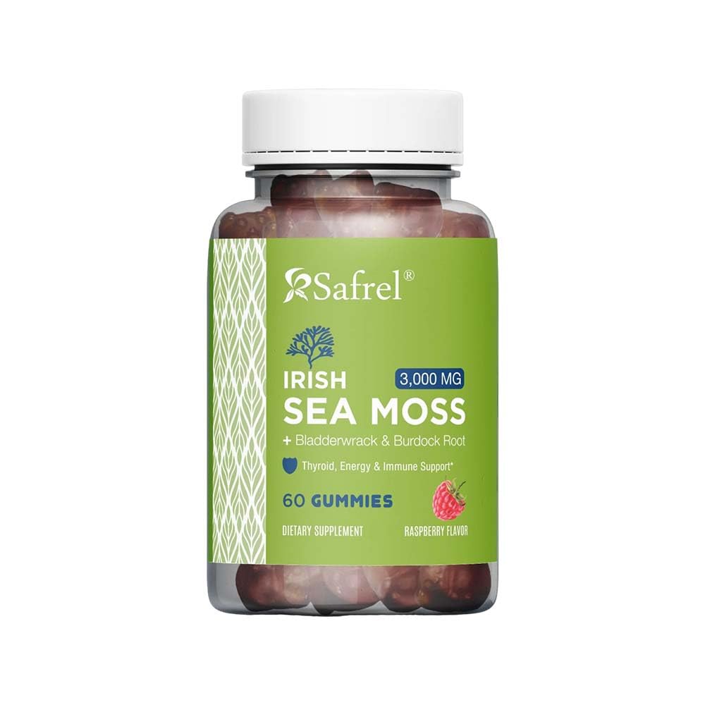 Safrel Irish Sea Moss Gummies 3000mg with Bladderwrack and Burdock Root, Thyroid Energy and Immune Support, Vegan Raspberry Flavor, 60 Gummies Safrel buy supplements canada