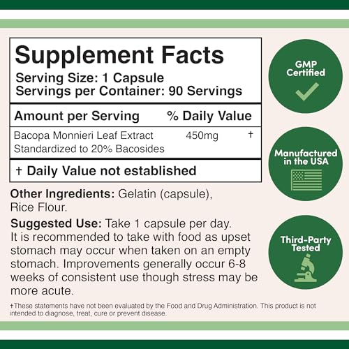 Bacopa Monnieri Capsules 20% Bacosides 450mg, 90 Count (Manufactured in USA Double Wood Supplements buy supplements canada
