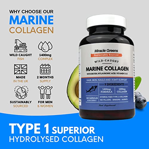 Marine Collagen 1400mg | 120 Capsules with Biotin, Hyaluronic Acid, Vitamin C, E, B2, Zinc, Copper & Iodine Miracle Greens buy supplements canada