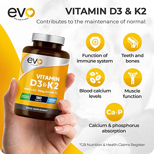 Vitamin D3 4000iu & Vitamin K2 100ug (MK7) |180 Vegetarian Tablets | 1-A-Day | 6 Month EVO NUTRITION buy supplements canada