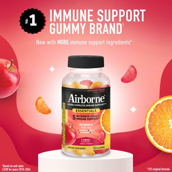 Airborne 400mg Vitamin C Gummies for Adults & Children, Immune Essentials Daily Immune Support Supplement with Vitamins C & E - Orchard Fruit Flavor, 132 Gummies (Pack of 2) Airborne buy supplements canada